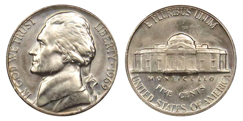 1969-D Jefferson nickel obverse and reverse showing Jefferson portrait and Monticello