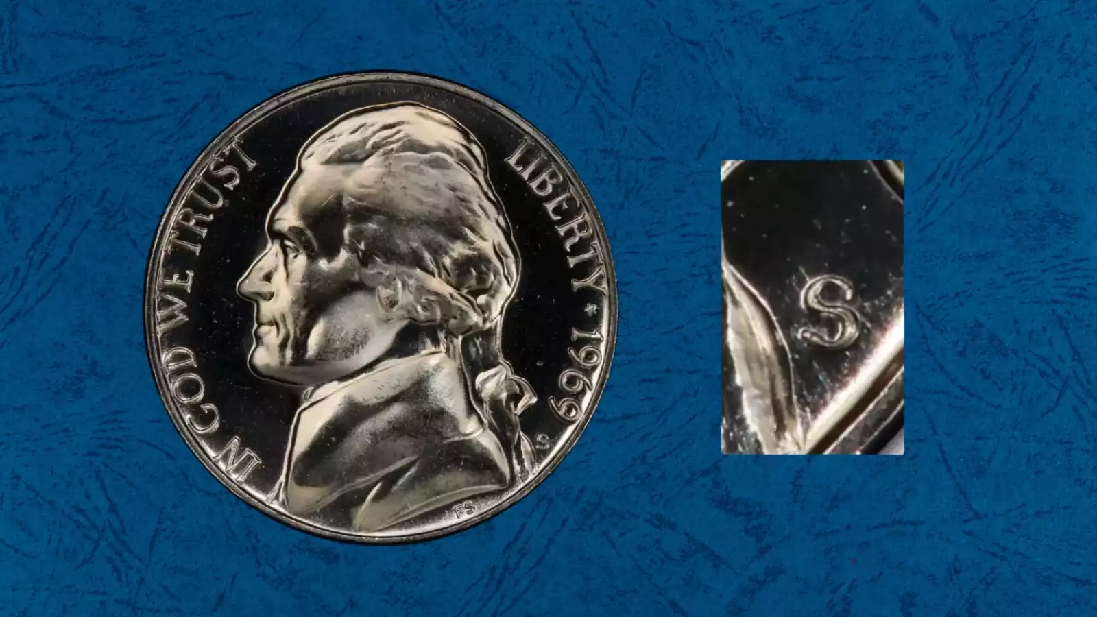 1969-S proof nickel RPM variety showing secondary S mint mark impression beside the primary mint mark