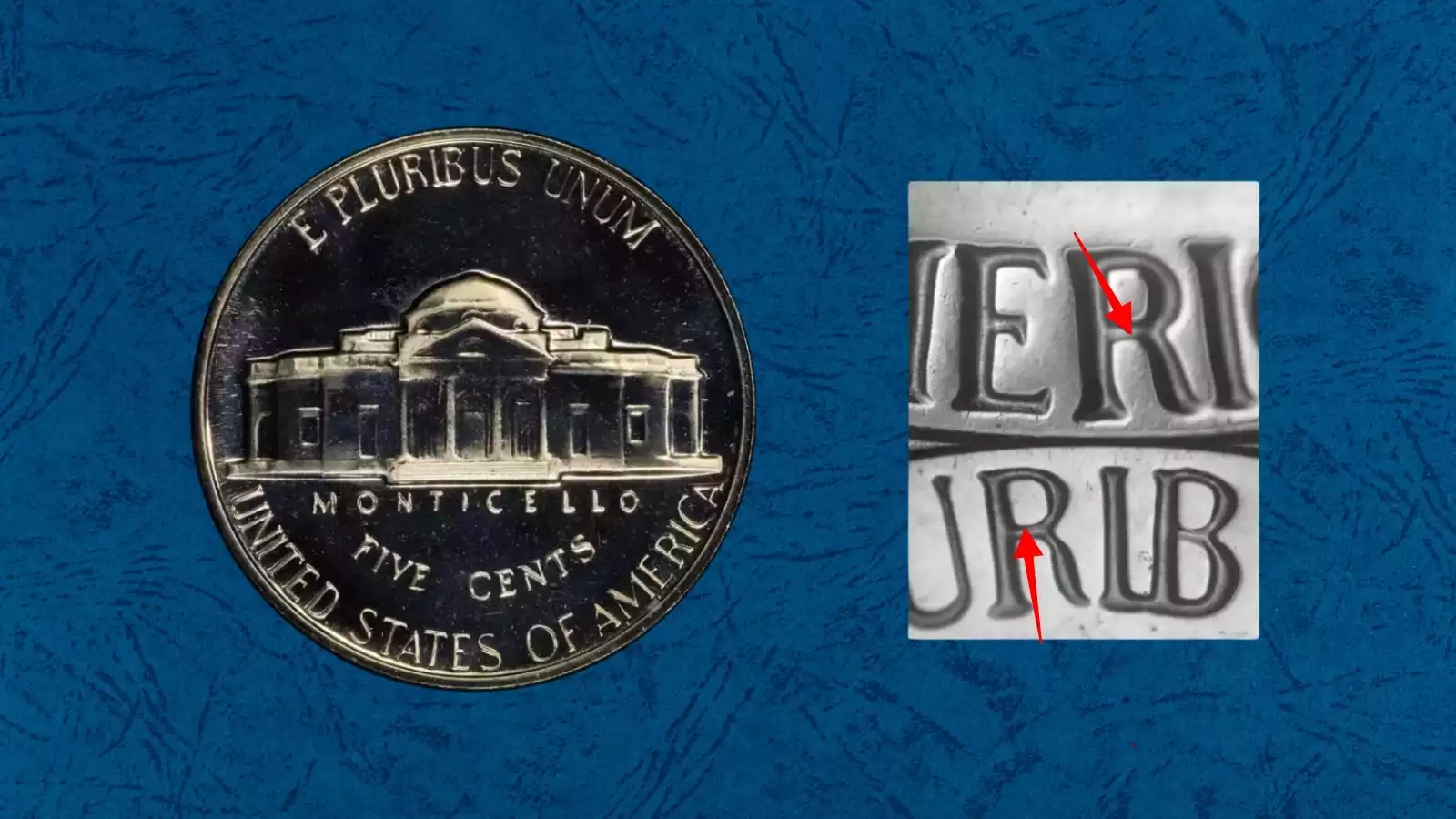 1969-D nickel Doubled Die Reverse showing clear doubling in reverse lettering E PLURIBUS UNUM