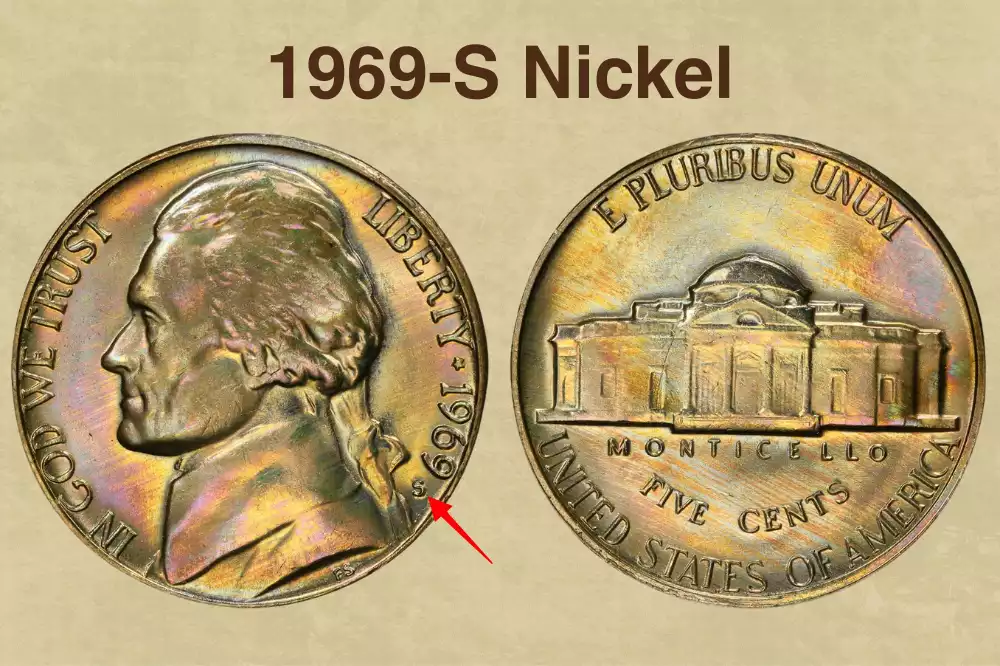 1969 nickel Doubled Die Obverse showing spread doubling in the date and LIBERTY inscription on the obverse