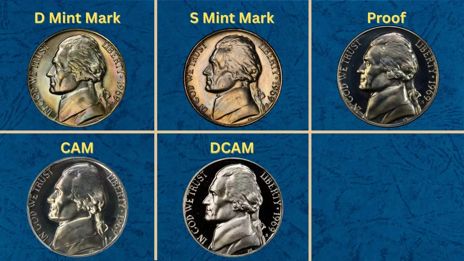 Multiple 1969-D and 1969-S Jefferson nickels arranged together showing both Denver and San Francisco mint marks