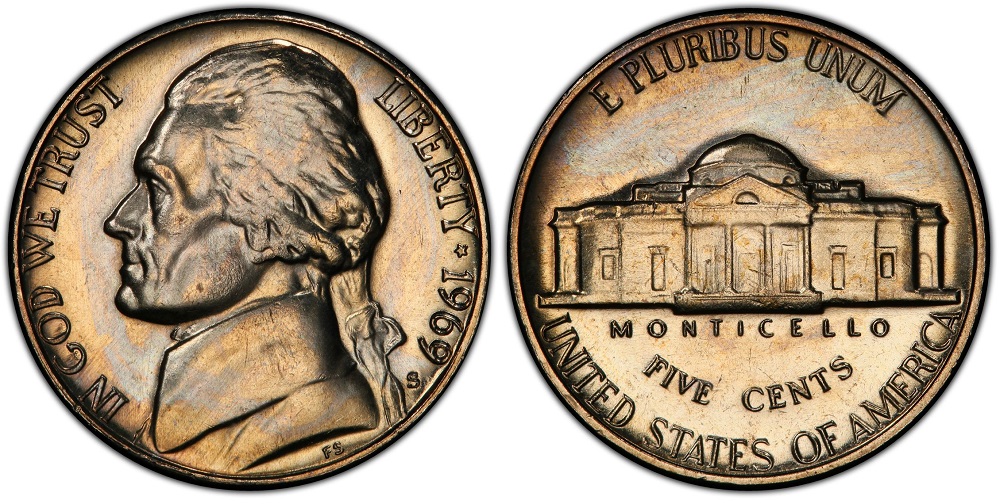 1969 Jefferson nickel grading strip showing four condition tiers from heavily worn to gem uncirculated side by side